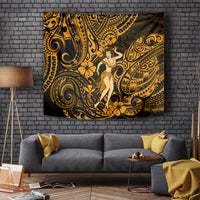 Polynesian hula girl wall tapestry in gold and dark with ornate swirl pattern