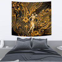 Hula girl tapestry wall hanging with gold and dark Polynesian-style swirl and floral motifs