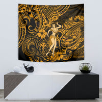 Polynesian tapestry featuring a hula girl centered in gold and dark decorative pattern