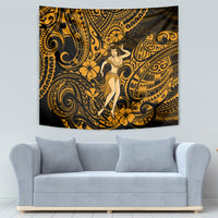 Gold and dark hula girl tapestry with detailed Polynesian motifs and swirling borders