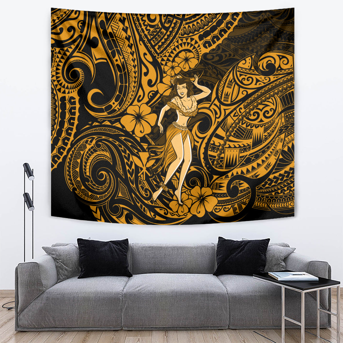 Hula girl wall tapestry with gold detailing on a dark background and ornate Polynesian curves
