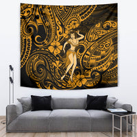 Hula girl wall tapestry with gold detailing on a dark background and ornate Polynesian curves