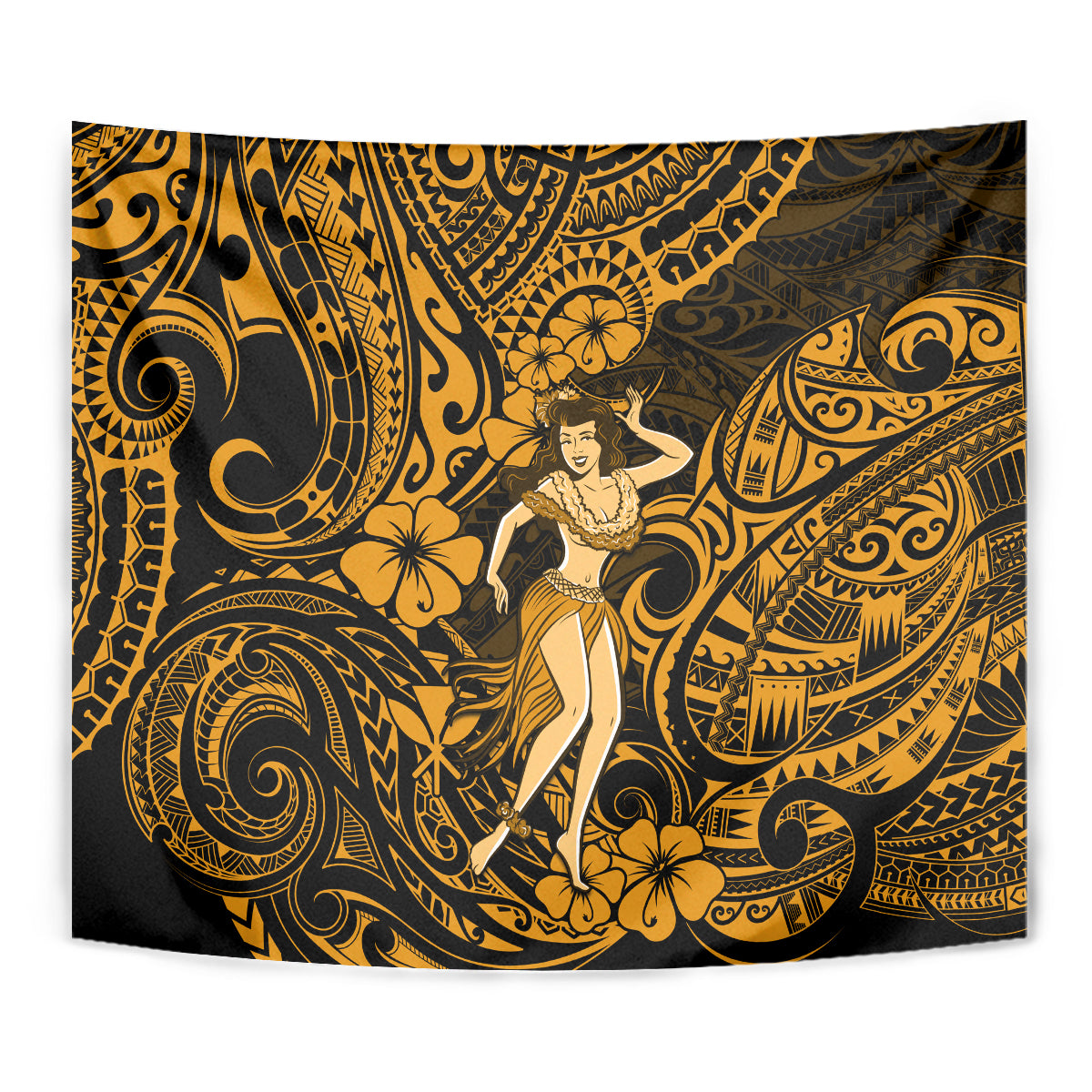 Close-up hula girl tapestry showing gold and dark Polynesian swirl and flower designs
