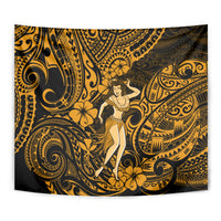 Close-up hula girl tapestry showing gold and dark Polynesian swirl and flower designs