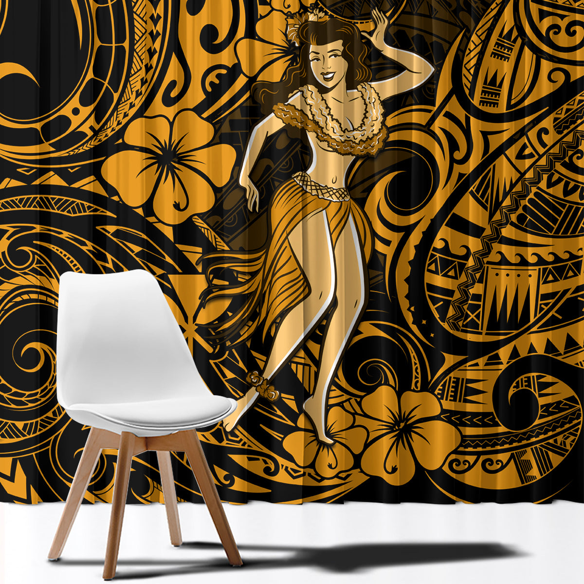 Gold and dark Polynesian hula girl window curtain panel with ornate swirl and flower pattern