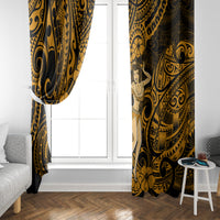 Gold and dark Polynesian hula girl window curtain panels with swirl and hibiscus motifs
