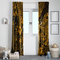 Pair of gold and dark Polynesian window curtains with hula girl print and swirling tribal pattern