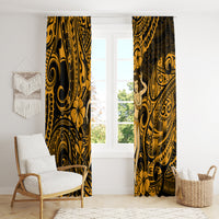 Gold and dark Polynesian hula girl window curtains with intricate spirals and hibiscus flowers
