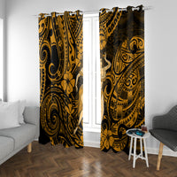 Gold and dark Polynesian hula girl window curtains, two panels with spiral and floral design