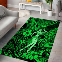 Green Polynesian area rug with central hula girl in ornate tiki swirl design