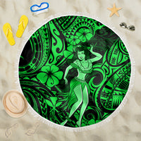 Round beach blanket with green Polynesian hula girl pattern and white fringe edge