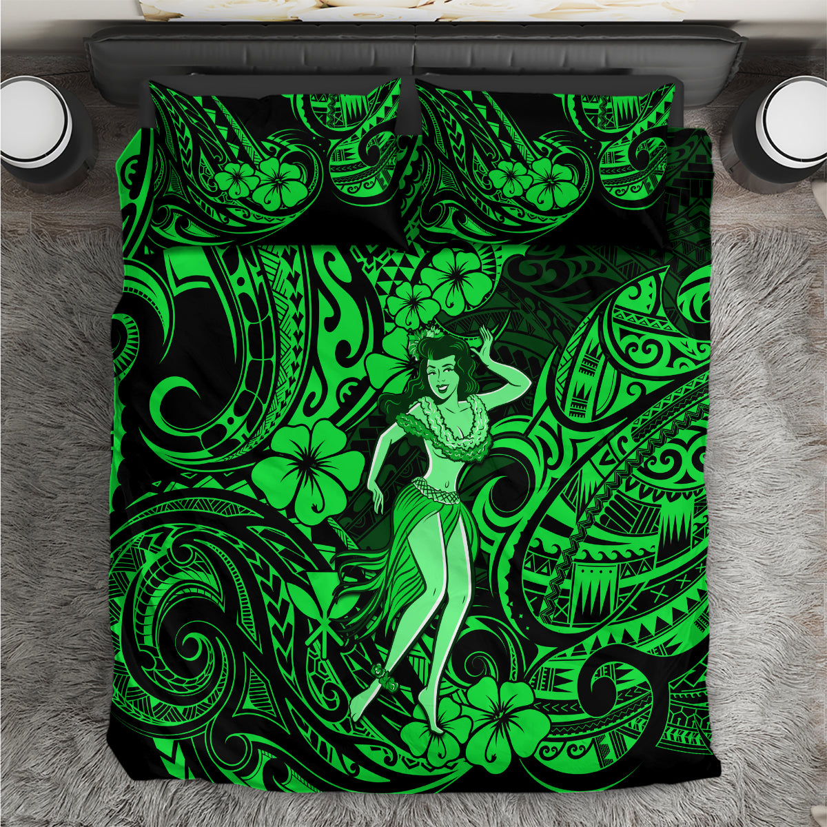 Green Polynesian bedding set with hula girl and swirling leaf pattern