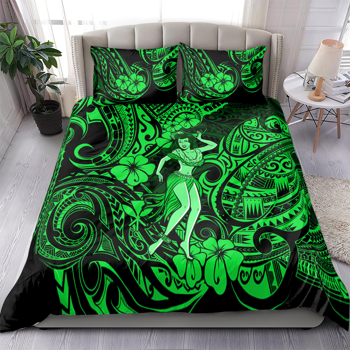 Green hula girl duvet set with bold Polynesian scroll and clover pattern