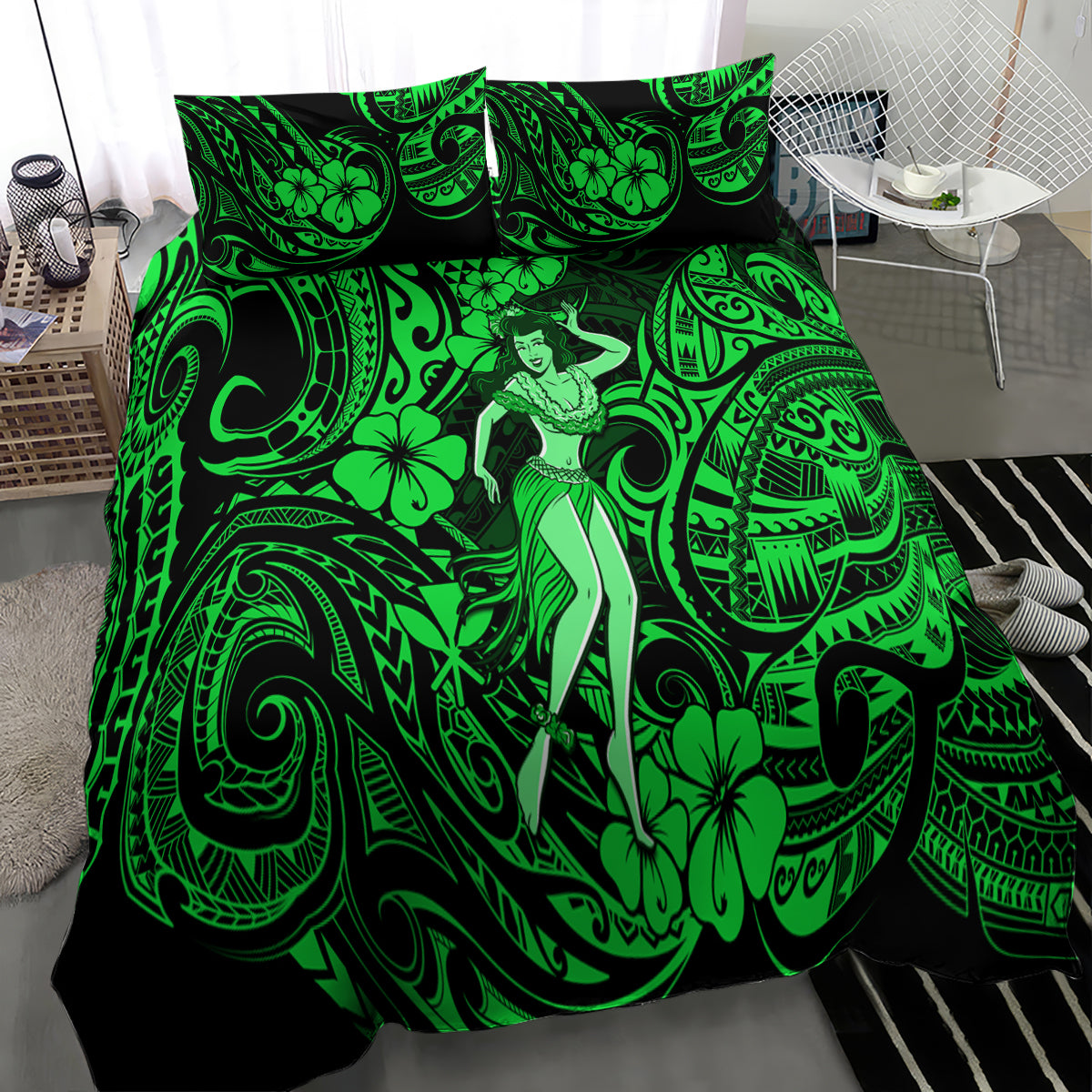 Green Polynesian bedspread with central hula dancer, swirls and hibiscus motifs