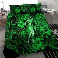Green Polynesian bedspread with central hula dancer, swirls and hibiscus motifs