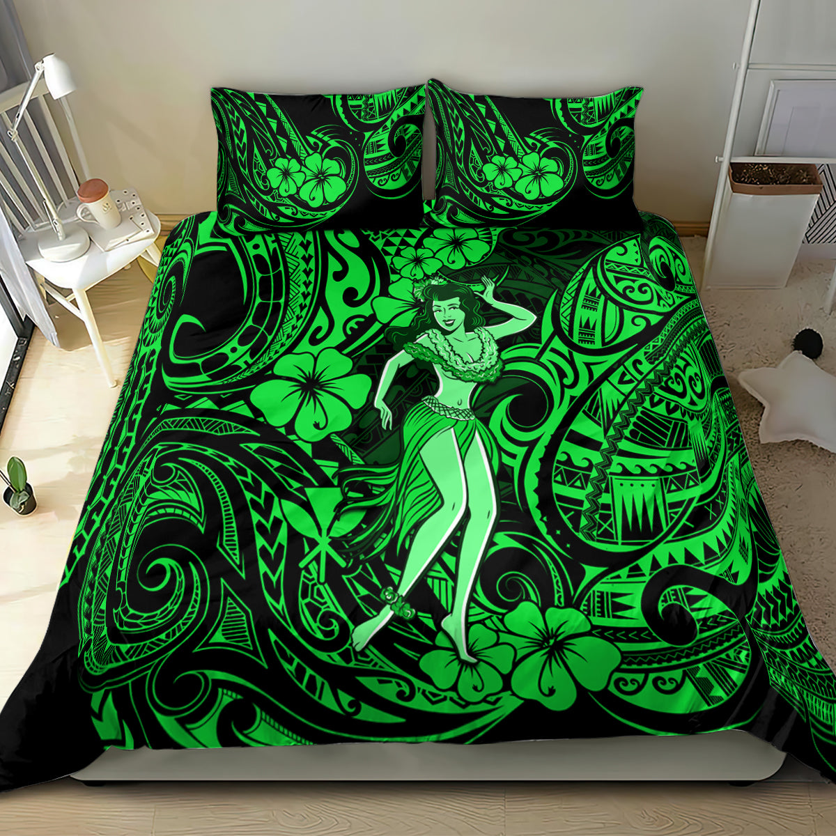 Green hula girl bedding set featuring Polynesian tribal swirls and tropical flowers
