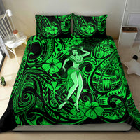 Green hula girl bedding set featuring Polynesian tribal swirls and tropical flowers