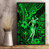Green hula girl canvas wall art with black frame and tropical polynesian design