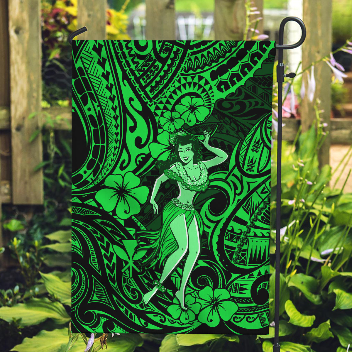 Hawaii Hula Girl Garden Flag Polynesian Pattern Green Version - Wonder Print Shop