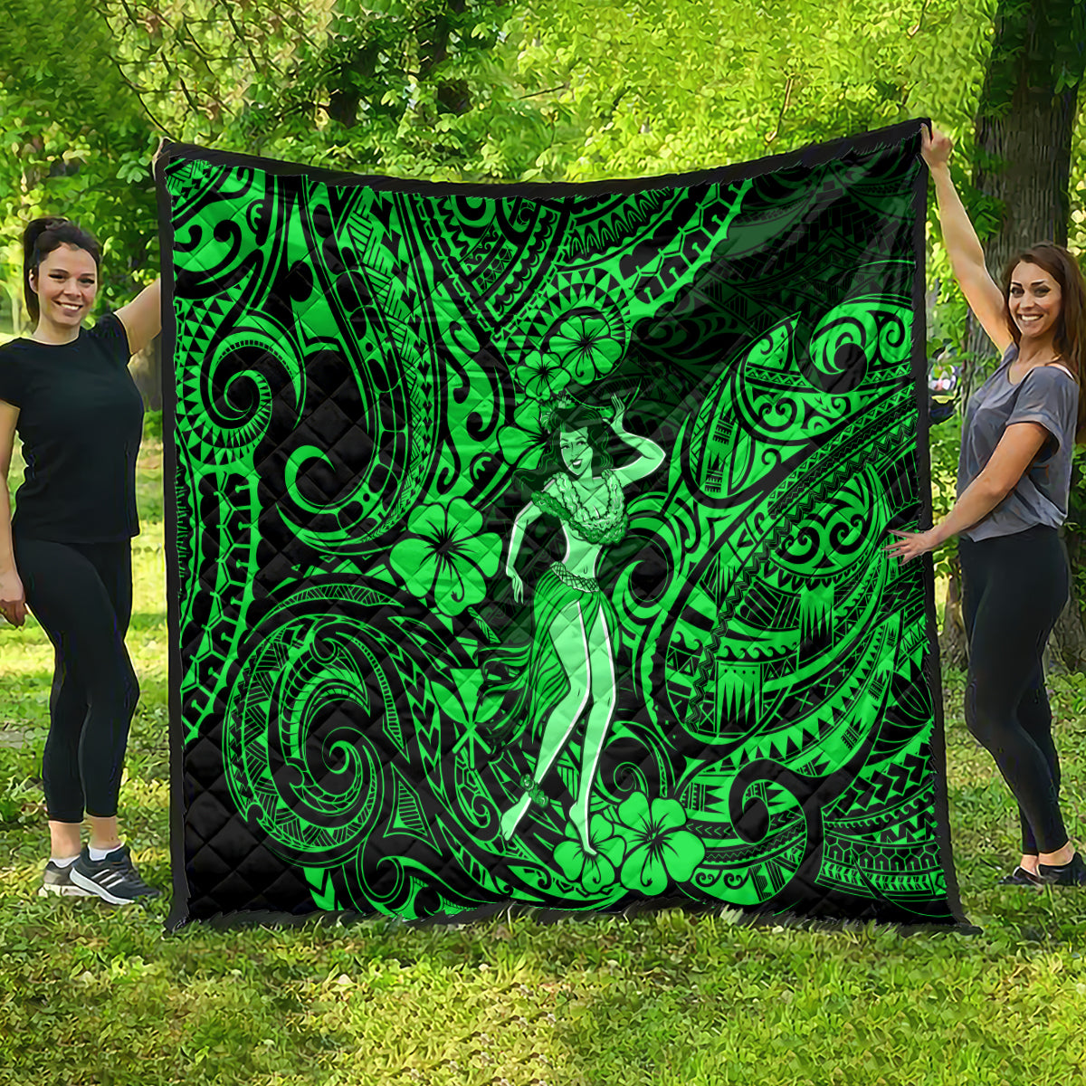 Green hula girl Polynesian quilt with black base and neon swirl and flower designs