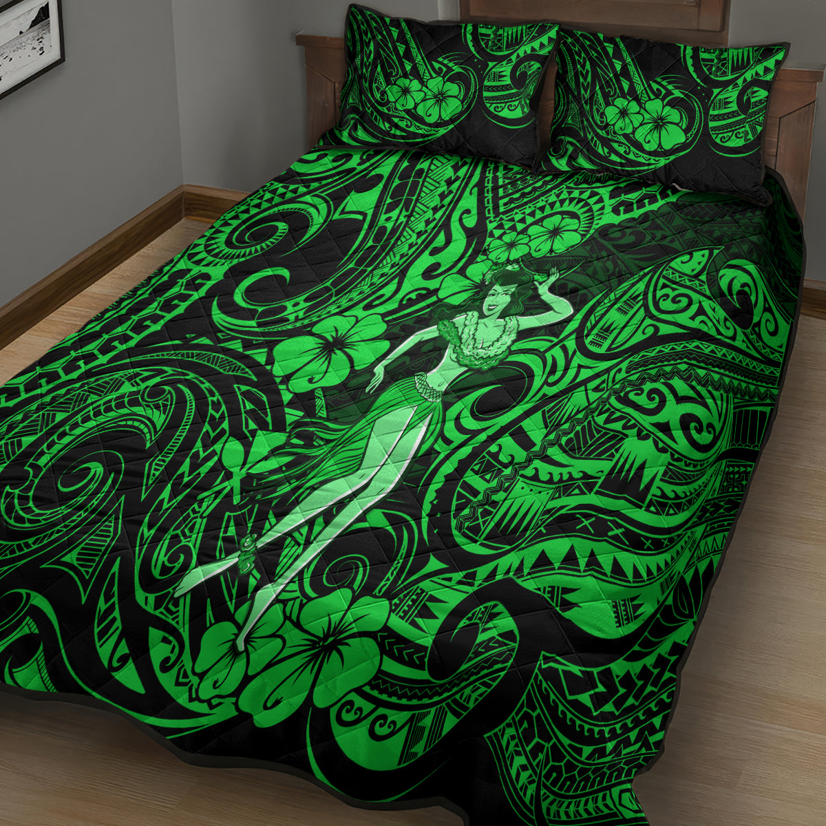 Green Polynesian quilt bed set with hula girl center and swirl floral motifs