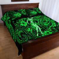 Green Polynesian quilt bed set with hula girl artwork, black border, and swirl motifs