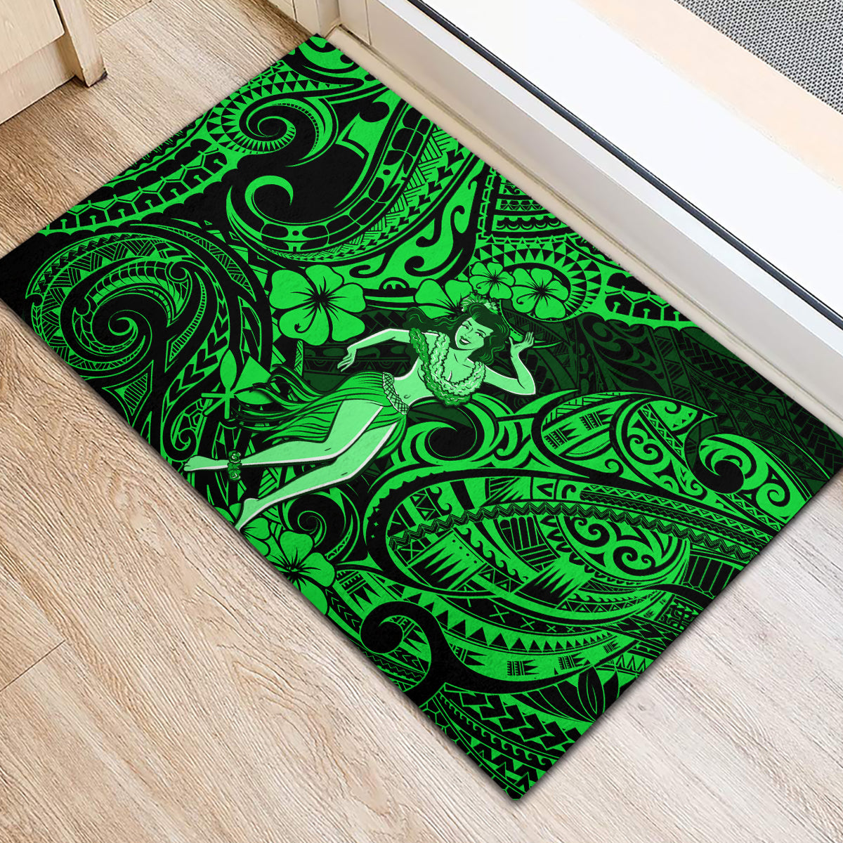 Green Polynesian doormat with centered hula dancer, tattoo-style swirls and hibiscus.