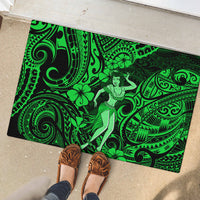 Green rubber doormat featuring hula dancer in center with Polynesian scrollwork.