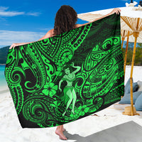 Green Polynesian sarong with ornate tribal pattern and hula girl illustration