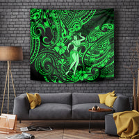 Green Polynesian hula girl tapestry with swirling tiki patterns and clover accents