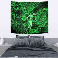 Green Polynesian hula girl wall tapestry with ornate swirl designs and flower shapes