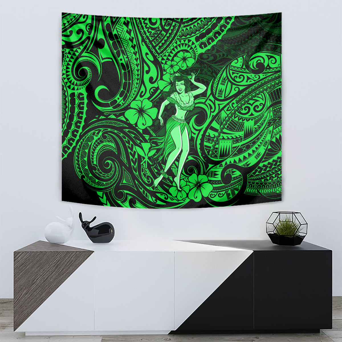 Green Polynesian hula girl tapestry featuring swirling motifs and a central dancer figure