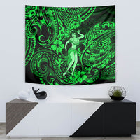 Green Polynesian hula girl tapestry featuring swirling motifs and a central dancer figure