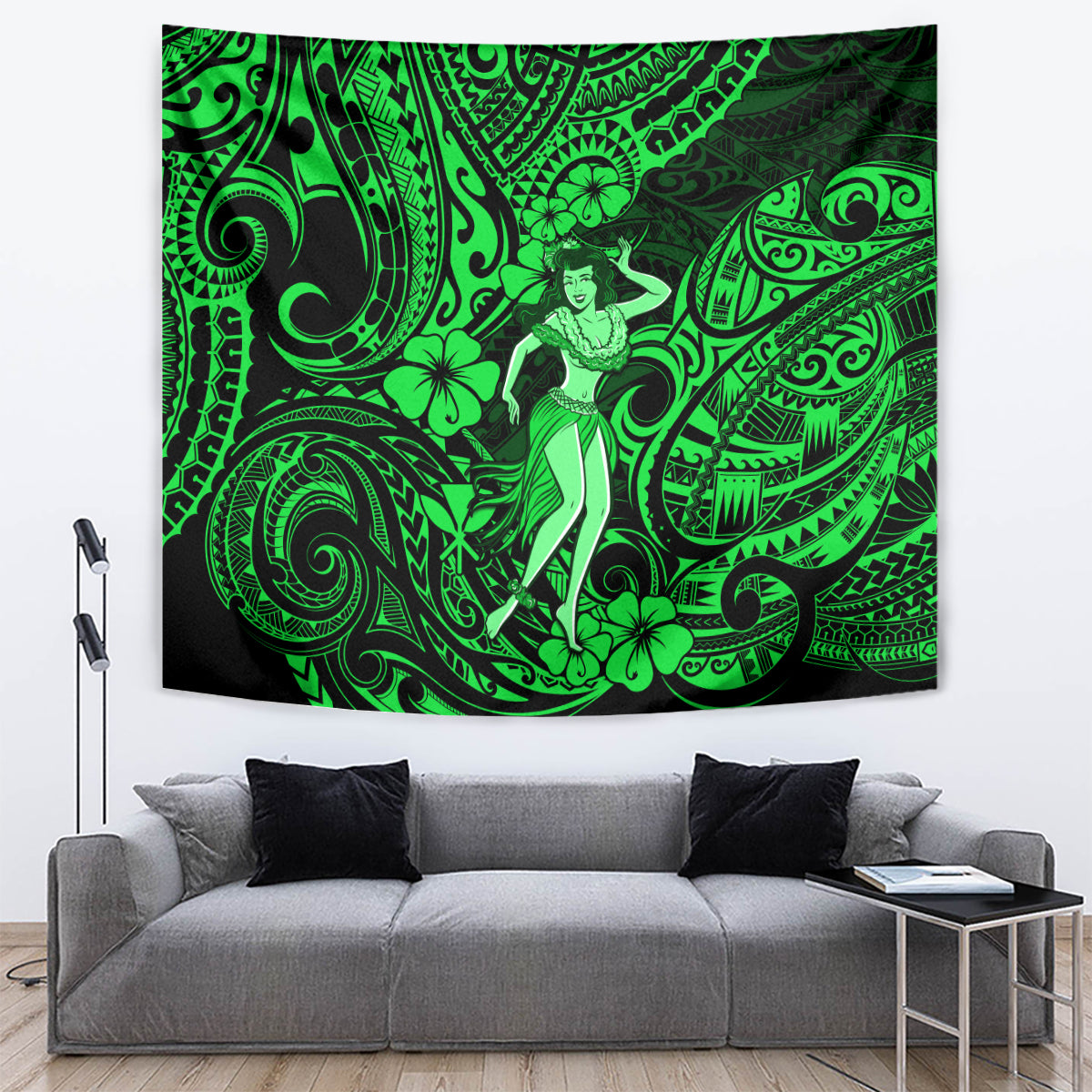 Green Polynesian hula girl tapestry with bright swirl patterns and a standing dancer