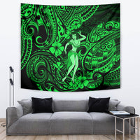 Green Polynesian hula girl tapestry with bright swirl patterns and a standing dancer