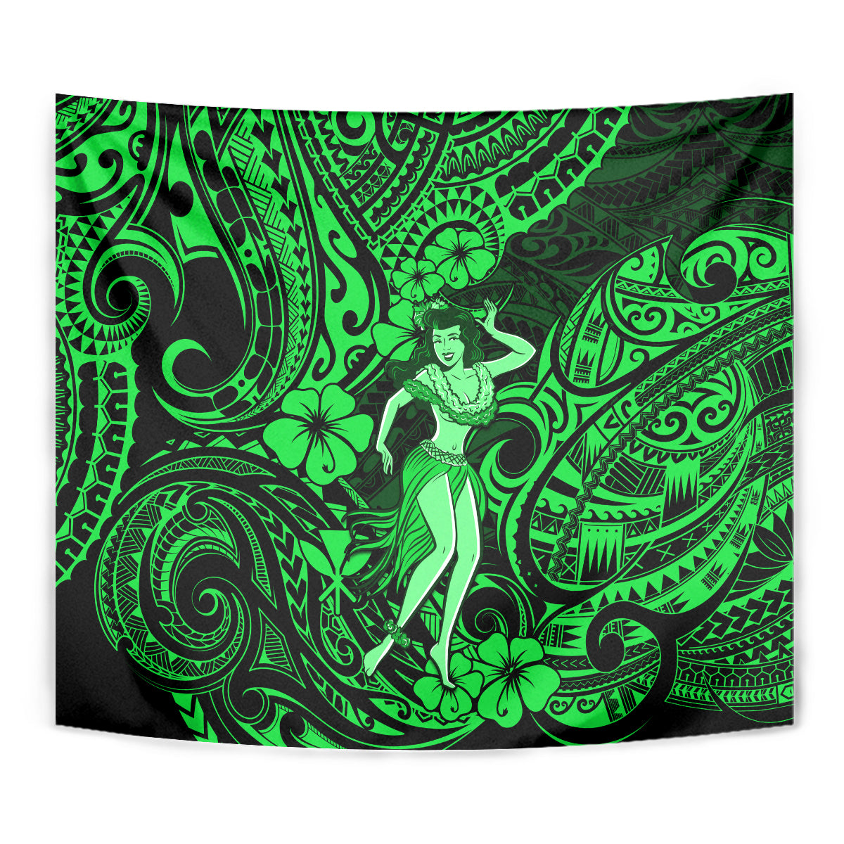 Green Polynesian hula girl tapestry close-up with ornate swirls and hibiscus-style flowers