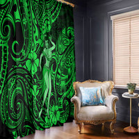 Green polynesian hula girl window curtain panel with swirling leaf and tribal pattern