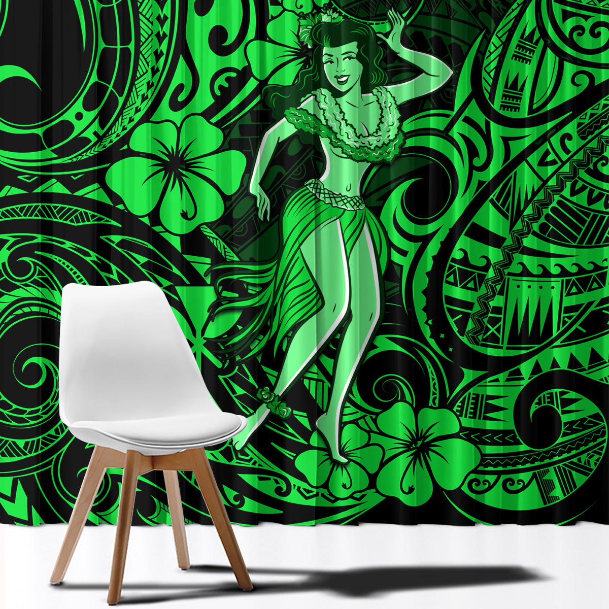 Green hula girl window curtain panel with bold tribal motifs and floral details