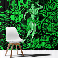 Green hula girl window curtain panel with bold tribal motifs and floral details