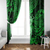 Green polynesian window curtain panels with hula girl and ornate swirl pattern