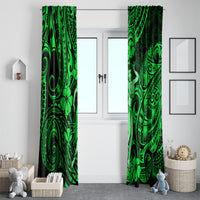 Pair of green hula girl window curtains with dark tribal border and clover motifs