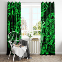 Green hula girl window curtain panels with large tribal motifs and leafy textures