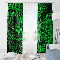 Green window curtain panels with hula girl artwork and dark tribal swirl pattern