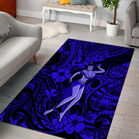 Rectangular navy blue hula girl area rug with Polynesian swirls and hibiscus flowers