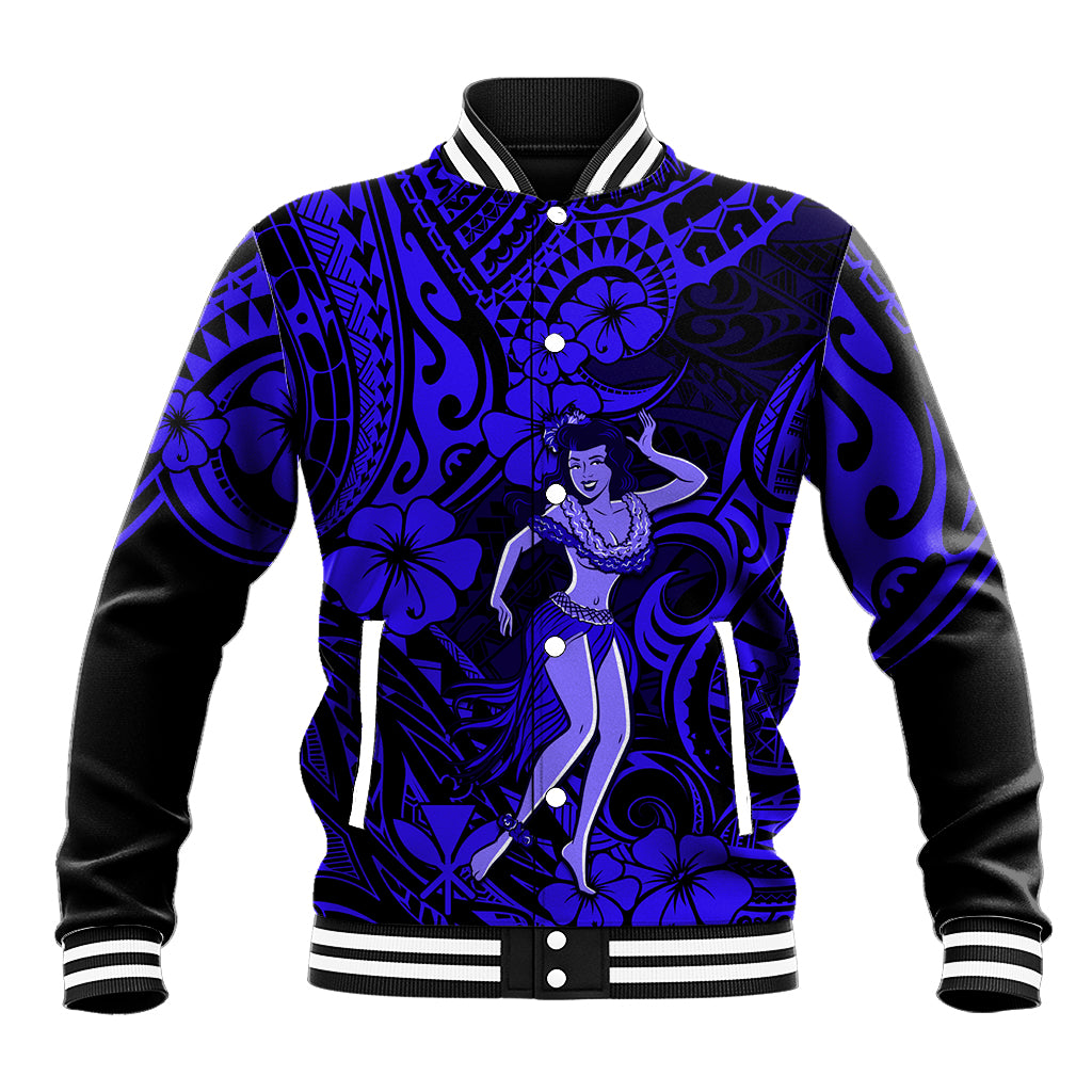 Navy-blue baseball jacket with hula girl front graphic, button front and striped ribbed cuffs