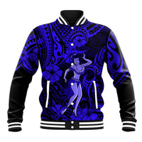 Navy-blue baseball jacket with hula girl front graphic, button front and striped ribbed cuffs