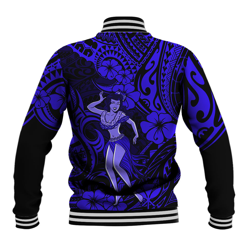 Navy-blue baseball jacket with hula girl back graphic and striped ribbed cuffs