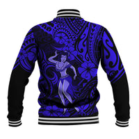 Navy-blue baseball jacket with hula girl back graphic and striped ribbed cuffs