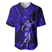 Navy blue baseball jersey with Polynesian pattern, hula girl artwork, front buttons