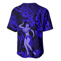 Navy blue baseball jersey back with Polynesian swirls and hula girl print